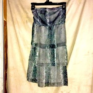 Strapless black snake skin print ruffle mini dress